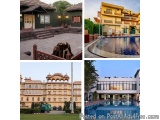 The image is a collage of four different photographs of a luxurious hotel. The first photograph on the top left shows a green...