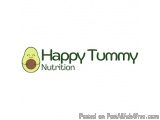 The image is a logo for a company called "Happy Tummy Nutrition". The logo is written in a simple, sans-serif font and is in...