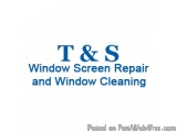 The image is a logo for T&S Window Screen Repair and Window Cleaning. The logo is written in blue text on a white background....