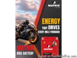 The image is an advertisement for Matrix Batteries, a company that provides energy that drives every mile forward. The backgr...