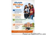 The image is an advertisement for Affordable BBA College near Me in India. It has a blue background with a white banner at th...