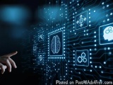 The image shows a hand touching a futuristic interface with a blue background. The interface is made up of a circuit board wi...
