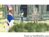 The image shows a group of three characters standing in front of a large stone building with arched windows and pillars. The...