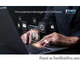 The image shows a person's hands typing on a laptop with various icons representing procurement management software. The lapt...