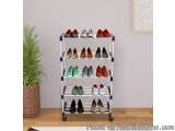 The image shows a tall, white shoe rack with six shelves. The rack is made of metal and has four wheels, allowing it to be ea...