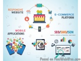 The image is an infographic that represents the concept of responsive website, e-commerce platform, mobile applications, SEO/...