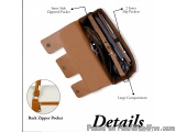 The image shows a brown leather wallet with a zipper pocket on the left side. The wallet is open, revealing the interior of t...