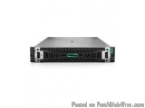 The image shows a server rack-mounted server. It is a rectangular-shaped device with a silver exterior and a green label on t...