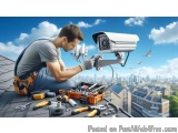 The image shows a man working on a rooftop with a security camera mounted on the roof. He is wearing a grey t-shirt and blue...