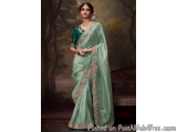 The image shows a woman wearing a traditional Indian saree in a light green color. The saree is made of silk and has intricat...