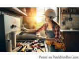 In this image, we can see a young woman wearing a hard hat and overalls, working in a kitchen. She is standing in front of a...