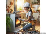 In this image, we can see a young woman wearing a white hard hat and overalls, kneeling on the floor in front of a modern kit...