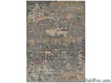 The image is a rectangular area rug with an intricate design. The rug has a dark blue background with a floral pattern in the...