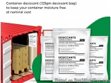 The image shows a red shipping container with three white packets of Desiccants inside. The packets are labeled with the prod...