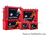 The image shows a set of four red Matrix car batteries. The batteries are arranged in a pyramid-like formation, with the larg...