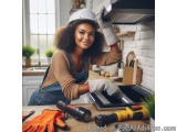 In this image, we can see a young woman wearing a white hard hat and overalls, working in a kitchen. She is standing in front...