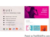 The image is a screenshot of a website called RUEI - Portfolio WordPress Theme. The website has a pink and purple color schem...