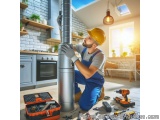 In this image, we can see a man wearing a yellow hard hat and blue overalls, working on a chimney in a modern kitchen. He is...