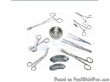 The image shows a collection of surgical instruments, including a pair of scissors, a bowl, and a small tray. The instruments...