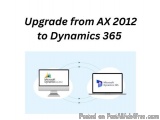 The image is a graphic that shows the process of upgrading from AX 2012 to Dynamics 365. It shows two computer monitors, one...