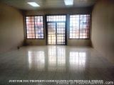 The image shows an empty room with large windows and a door. The room has a tiled floor and walls, and the windows are made o...
