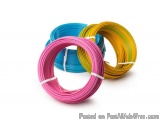 The image shows three rolls of colorful electrical wire. The first roll is pink, the second roll is blue, and the third roll...