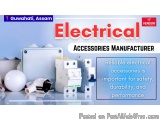 The image is an advertisement for an electrical accessories manufacturer. It features a variety of electrical components, inc...