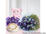 The image shows a pink teddy bear sitting next to a bouquet of purple orchid flowers. On the left side of the image, there is...