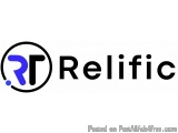 The image is a logo for a company called Relific. The logo is black and white and has the word "Relific" written in a bold, s...