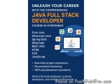 The image is an infographic that explains the benefits of a Java Full Stack Developer course in Hyderabad. It has a blue back...