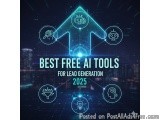 The image is a graphic design that showcases the best free AI tools for lead generation in 2025. The background is a dark blu...