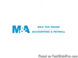 The image is a logo for M&A Tax Squad Accounting & Payroll. The logo is written in blue text on a white background. The text...