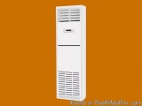 The image shows a white vertical air conditioning unit on an orange background. The unit is tall and slender, with a rectangu...