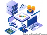 The image is an illustration of various technology and data storage devices. It is an isometric representation of a cloud com...