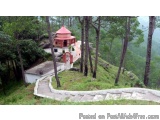 The image shows a small red-roofed temple nestled in a lush green forest. The temple is located on a hilltop, surrounded by t...