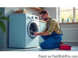 In this image, we can see a man kneeling on the floor in front of a washing machine in a laundry room. He is wearing a yellow...