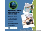 The image is an advertisement for Physiotherapy of Brain & Spine Rehabilitation Centre at home. The background is blue and th...