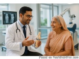 The image shows a doctor and an elderly woman in a medical office. The doctor is wearing a white coat and a stethoscope aroun...