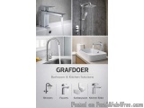 The image is an advertisement for Grafdoer bathroom and kitchen solutions. It is a collage of four different images showcasin...
