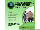 The image is an advertisement for a physiotherapy of brain and spine rehabilitation centre at home. The background is green a...