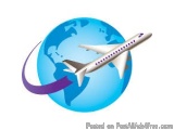 The image is a graphic design of an airplane flying around the world. The airplane is white with purple stripes and has a lon...