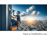 The image shows a construction worker on a high-rise building, installing a security camera on the side of the building. The...