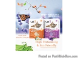 The image is an advertisement for Catit cat litter. It features two boxes of cat litter, one in orange and the other in purpl...