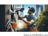The image shows a man wearing a blue shirt, a cap, and sunglasses, working on a security camera mounted on a wall. He is hold...