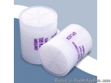 The image shows two white plastic containers with lids. The containers are cylindrical in shape and have a label on the front...