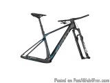 The image is of a Scott Addict RC10 mountain bike frame. The frame is black and blue in color with the word "Scott" written i...