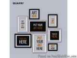 The image shows a collection of nine square frames arranged in a grid-like pattern on a gray background. Each frame has a bla...