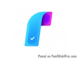The image is a graphic design of a curved blue and pink object with a white checkmark on it. The object appears to be made of...