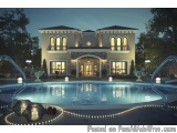 The image is of a luxurious two-story house with a large swimming pool in front of it. The house is lit up with warm white li...