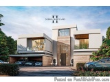 The image is a 3D rendering of a modern two-story house with a unique design. The house is located in a residential area with...